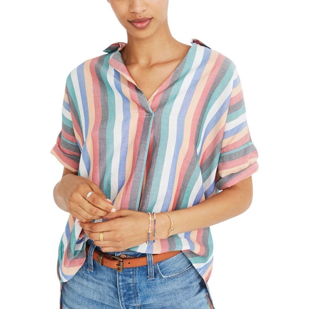 Madewell Multicolor Oversized Festival Stripe Courier Button-Back Shirt XXS